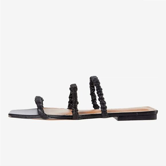 New Who What Wear Slide Sandal in Black Nappa Leather flat three straps slip on - Picture 1 of 7